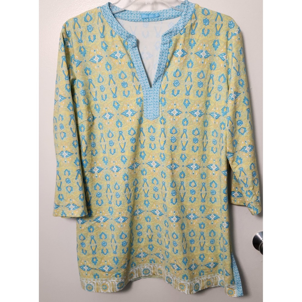 J.‎ McLaughlin Catalina Cloth V-Neck Printed Stretch Tunic Top Yellow Blue XL